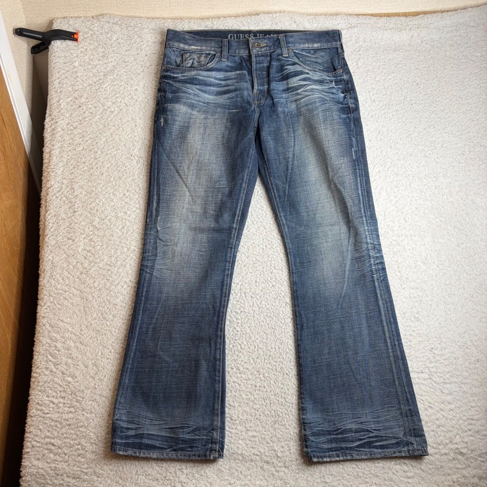 Guess Jeans Falcon Slim Boot Mens 36x32 Blue Denim fade whiskers flare